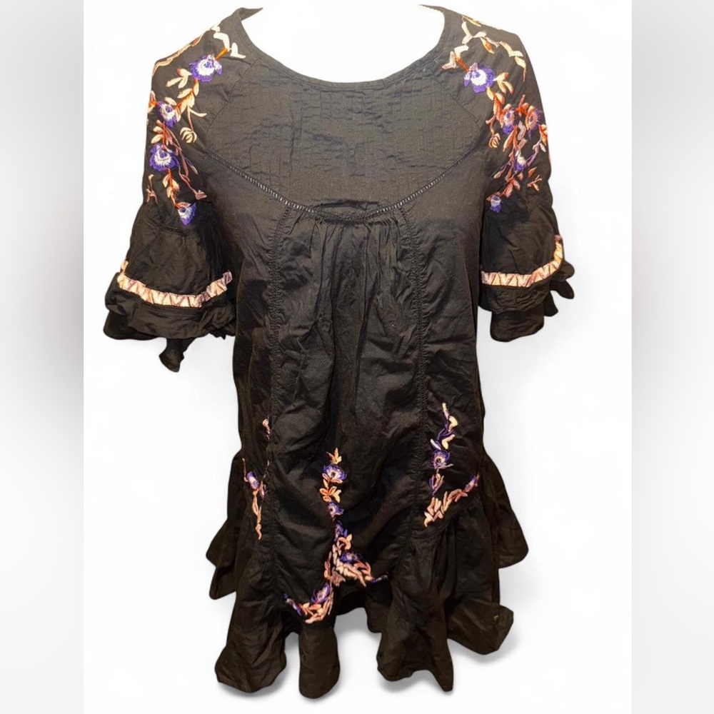 Free People Women's Size Small Black Dress Ruffles Floral Embroidered Boho - Picture 4 of 5